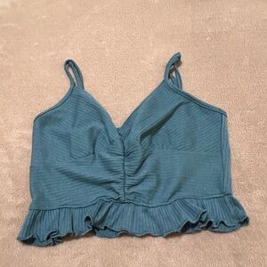 Evolutionary Teal Ruffled Women's Crop Tank Top Sz L